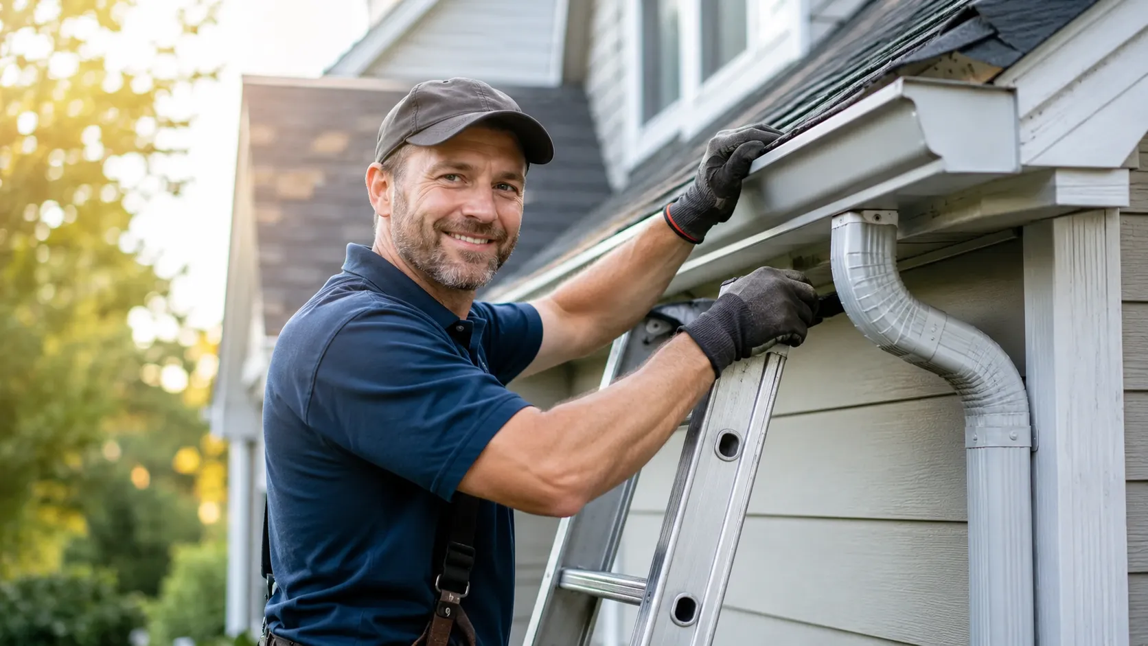 Man on top of ladder working on a home gutter